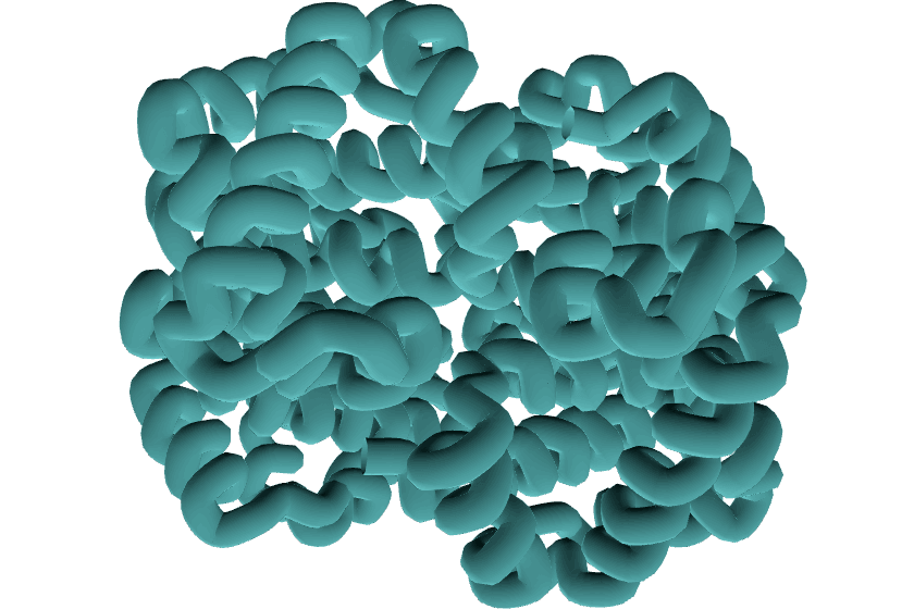 The backbone of a haemoglobin tetramer, four coiled chains, shifting between its two resting shapes as it turns.