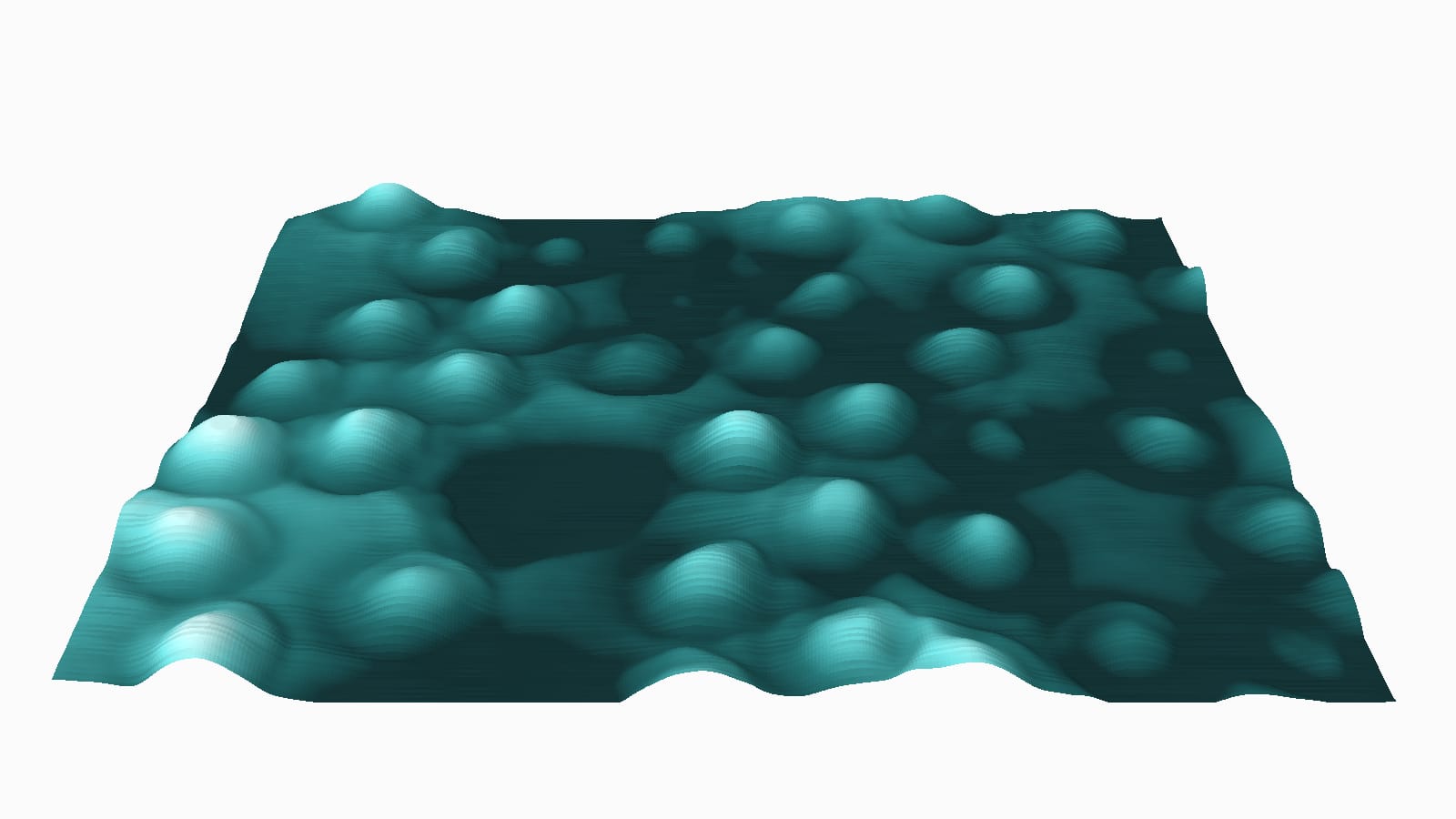A measured optical-path surface of a single field of red blood cells, rendered as a teal relief map in which each cell rises as a rounded dome above a flat plate.